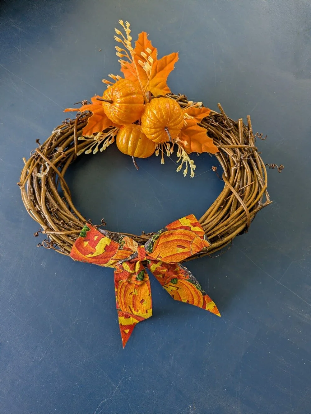 Grapevine Wreath Autumn Pumpkin Grapevine Wreath with Orange Bow 9.5 x 7
